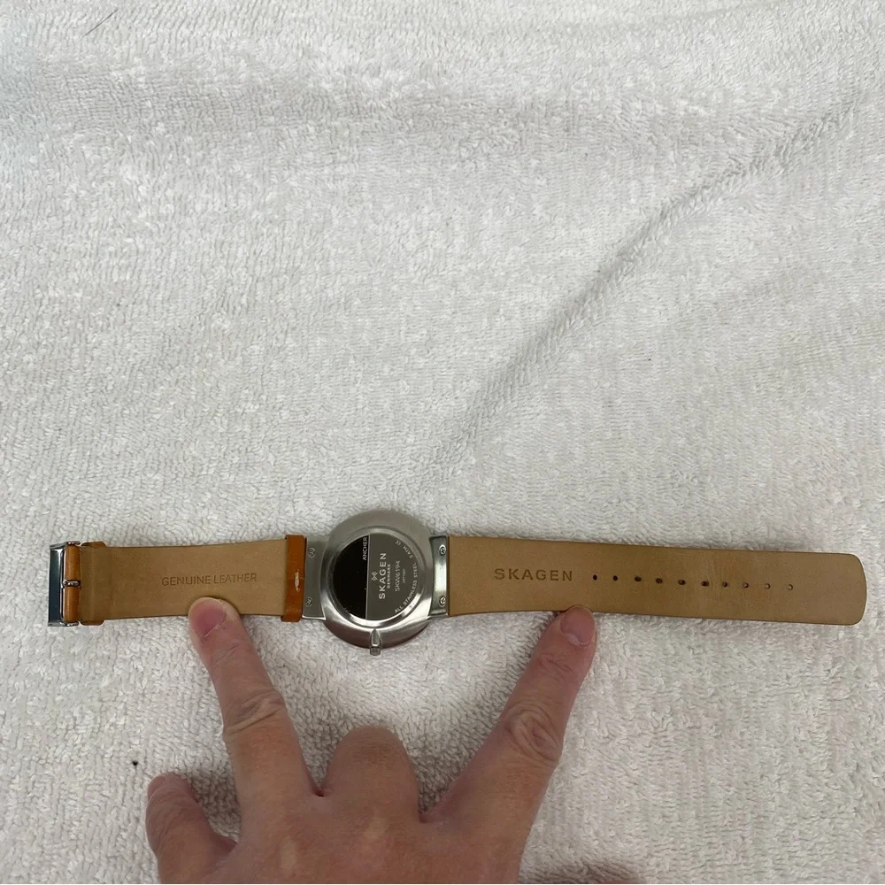 Skagen Men's Cognac Leather Ancher Gray Stainless Steel Adjustable Watch Classic